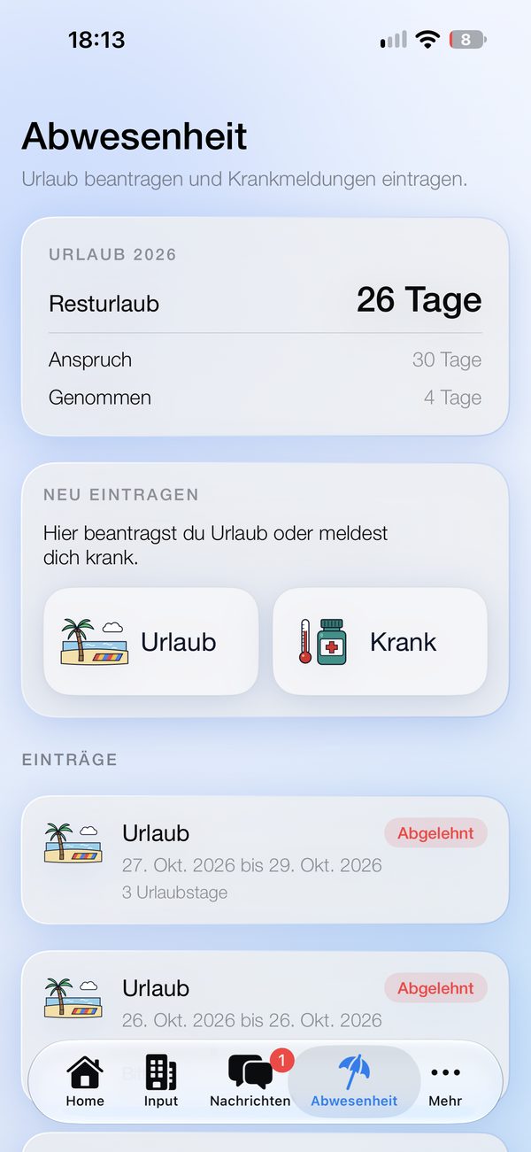 Abwesenheit: Resturlaub und Knöpfe für Urlaub und Krankmeldung