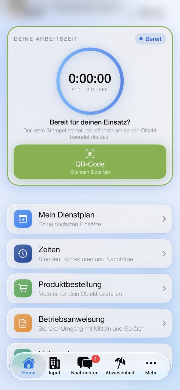 ZEITMA-Startseite: Arbeitszeit mit Stoppuhr und Knopf zum QR-Code-Scannen